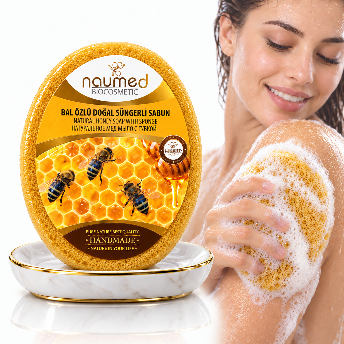 Săpun cu burete Naumed cu miere, destinat curățării și exfolierii pielii