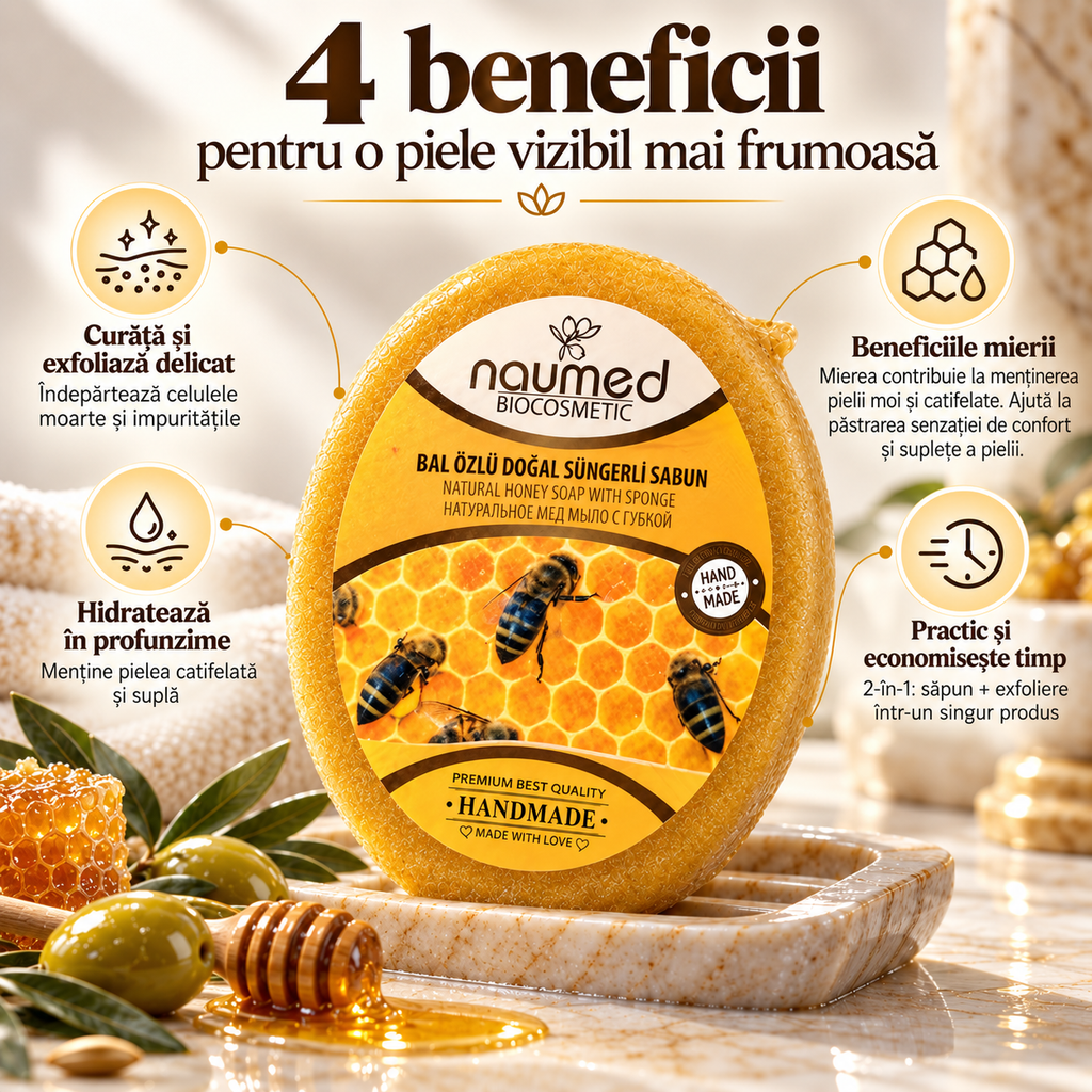 Săpun cu burete Naumed cu miere, destinat curățării și exfolierii pielii
