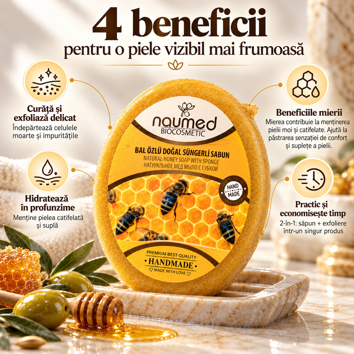Săpun cu burete Naumed cu miere, destinat curățării și exfolierii pielii