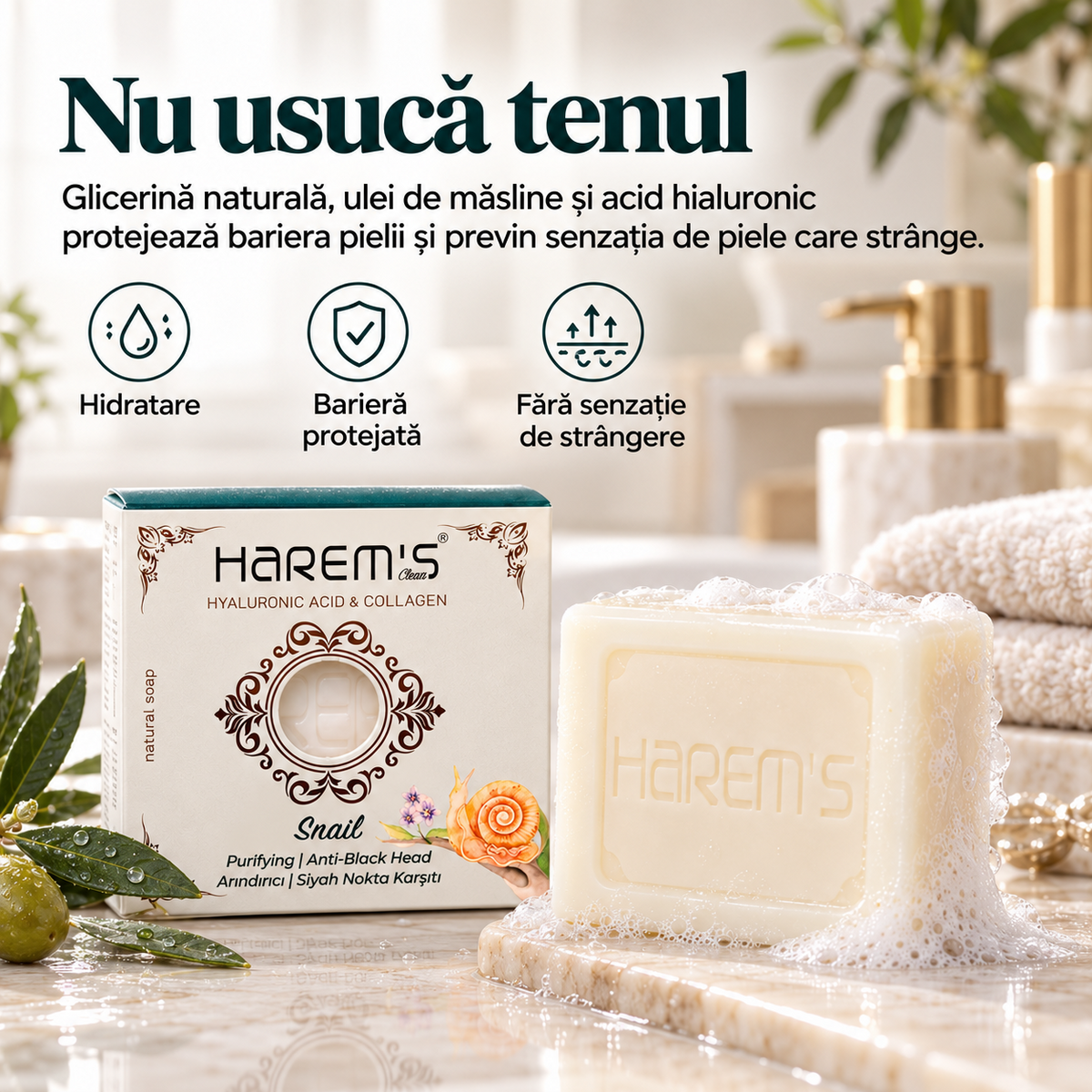 Săpun solid Harems cu extract de melc, destinat curățării pielii, 120 g