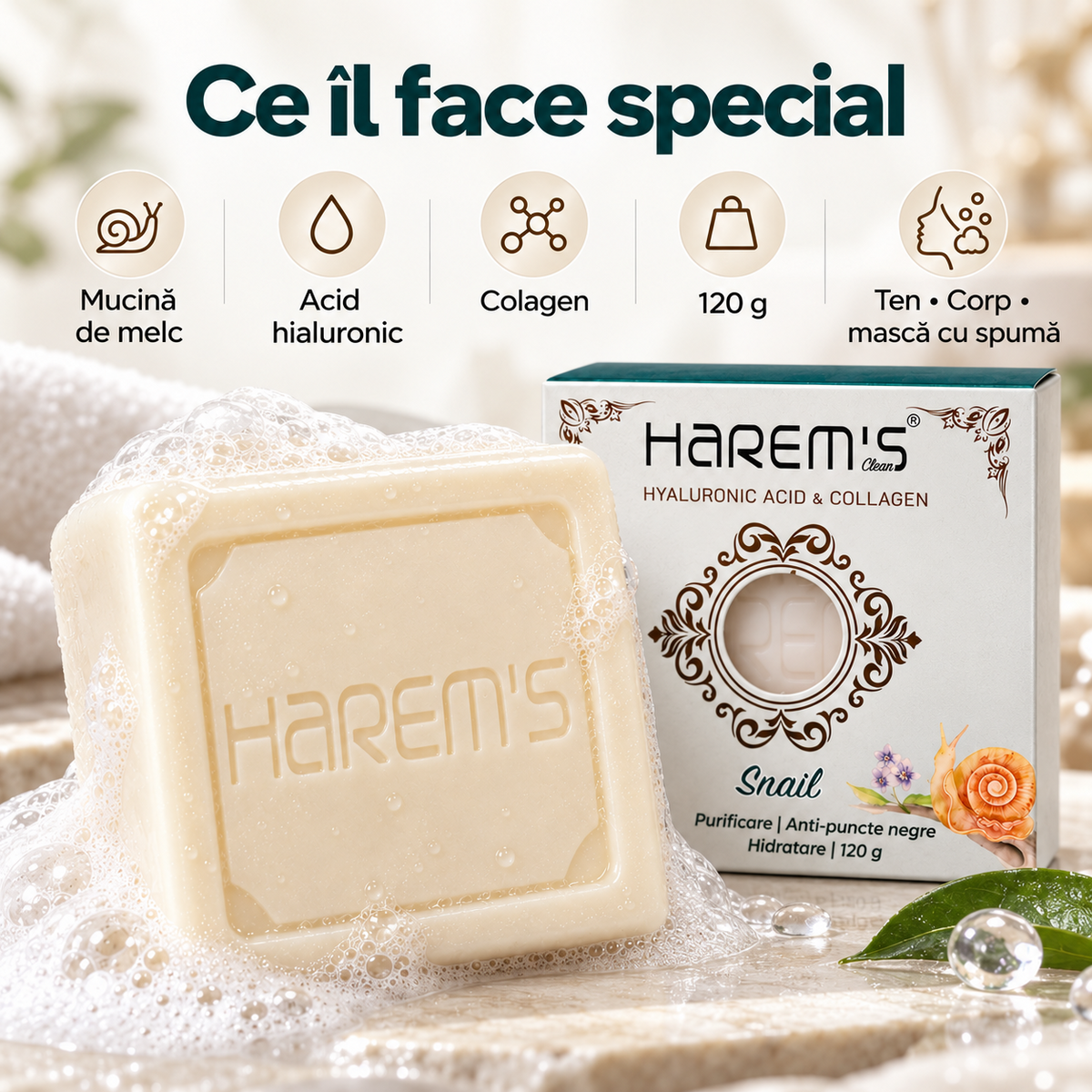 Săpun solid Harems cu extract de melc, destinat curățării pielii, 120 g