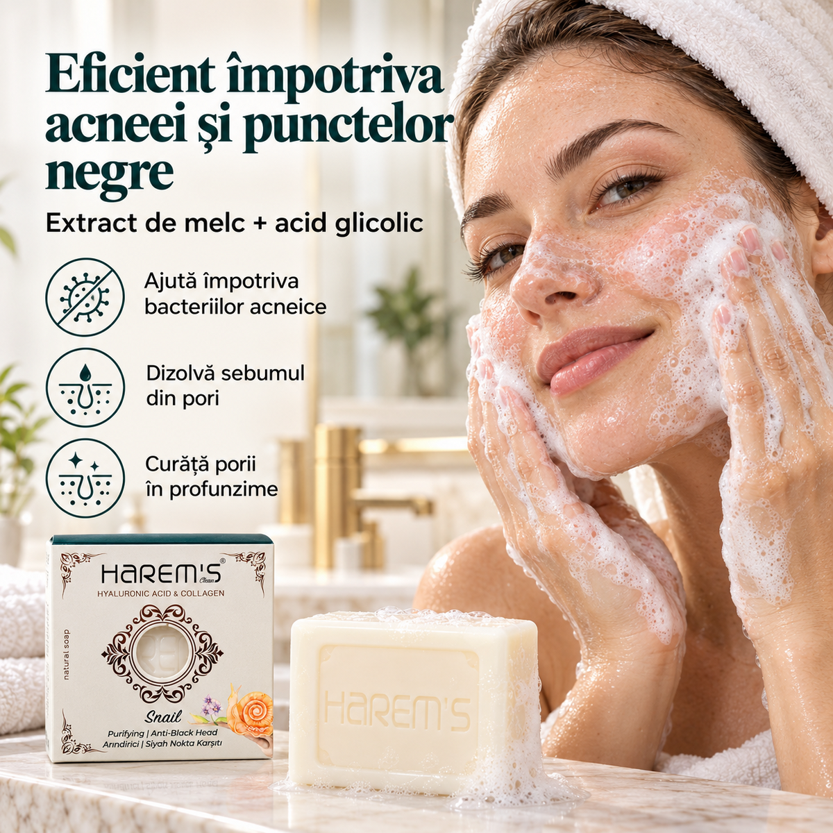 Săpun solid Harems cu extract de melc, destinat curățării pielii, 120 g