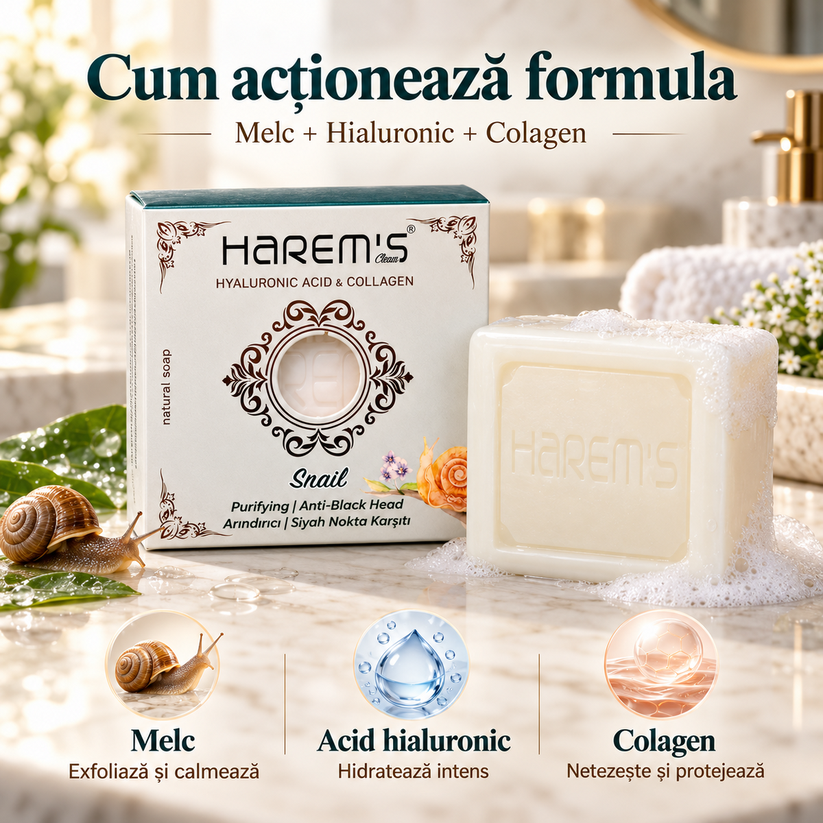 Săpun solid Harems cu extract de melc, destinat curățării pielii, 120 g