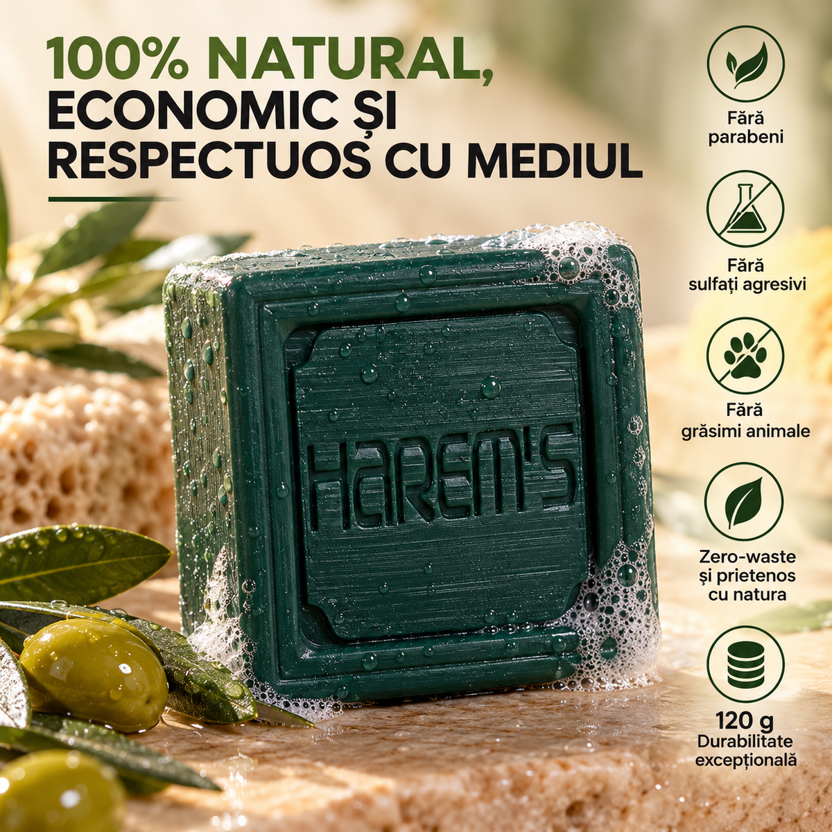 Săpun solid Harems cu ulei de măsline, destinat curățării pielii, 120 g