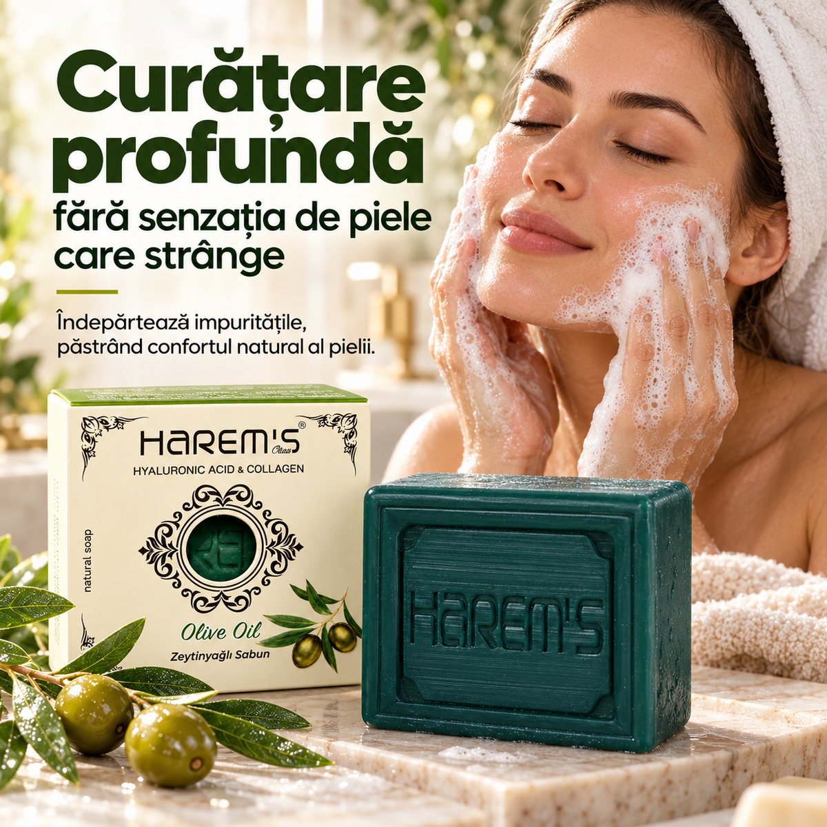 Săpun solid Harems cu ulei de măsline, destinat curățării pielii, 120 g