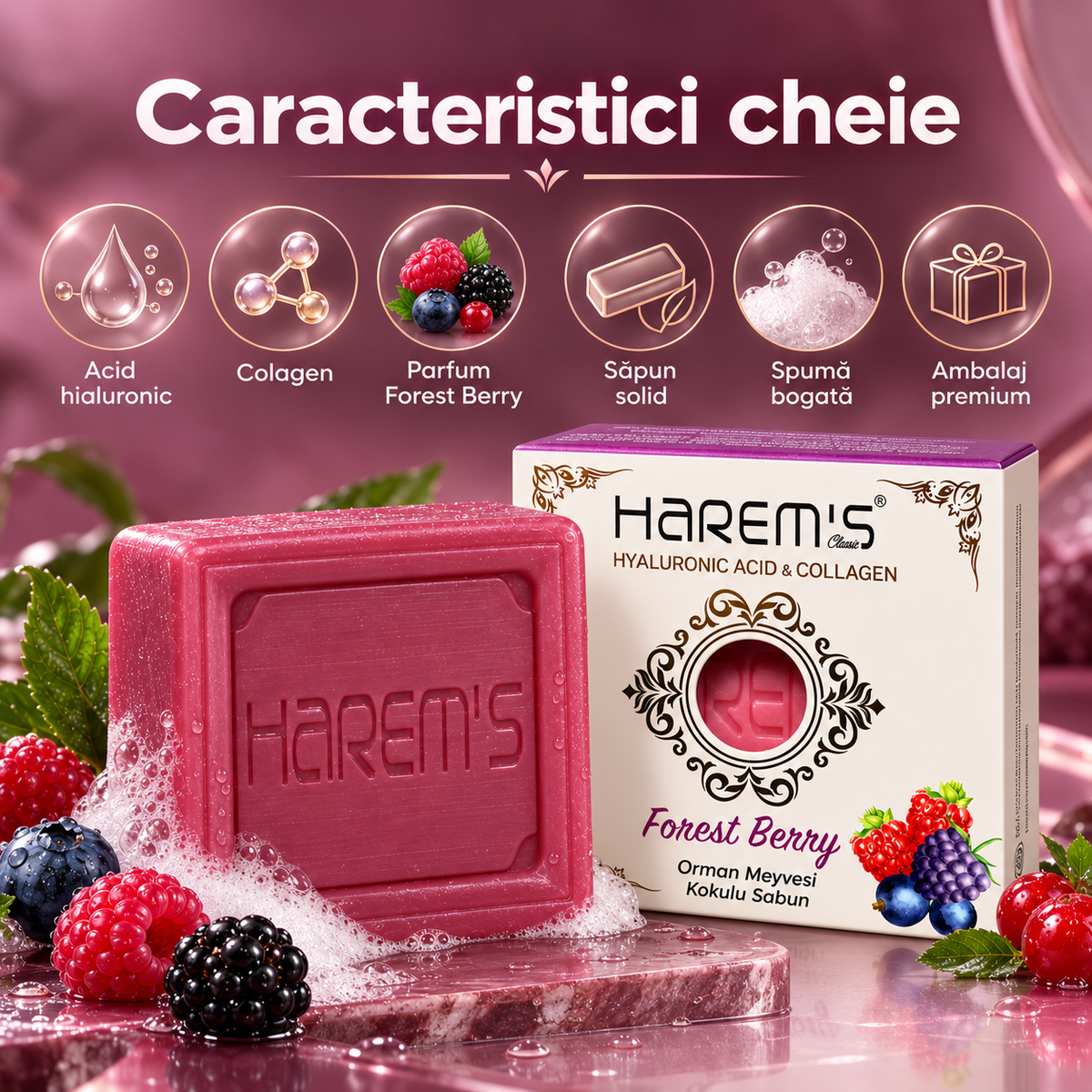 Săpun solid Harems cu fructe de pădure, destinat curățării pielii, 120 g