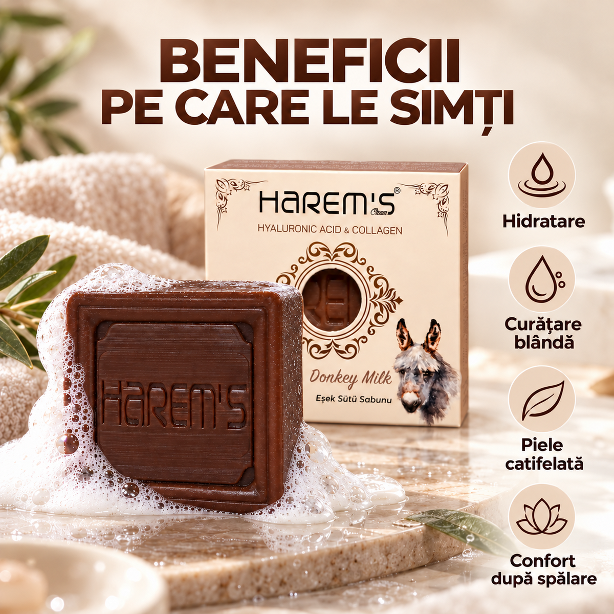 Săpun solid Harems cu lapte de măgăriță, destinat curățării pielii, 120 g