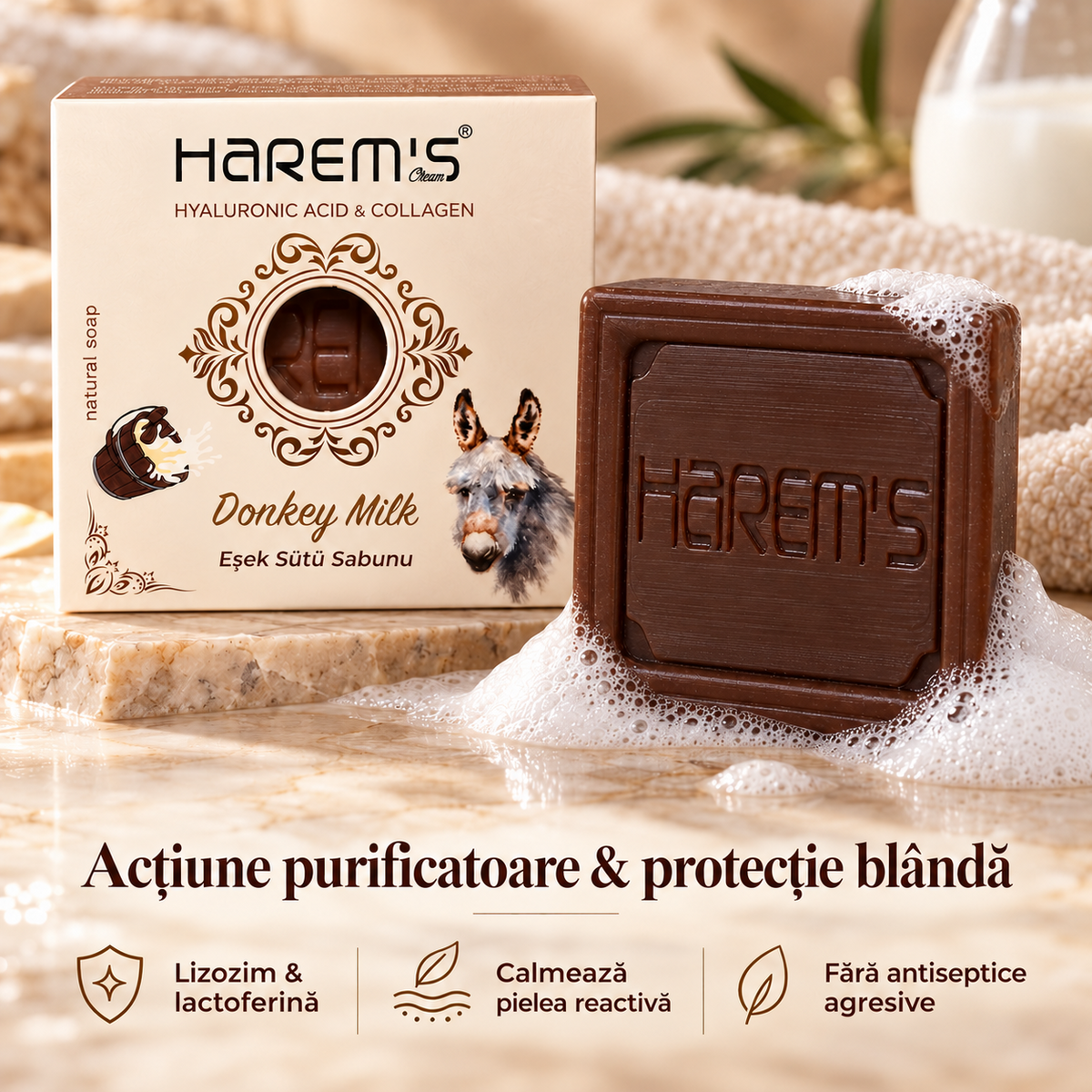 Săpun solid Harems cu lapte de măgăriță, destinat curățării pielii, 120 g