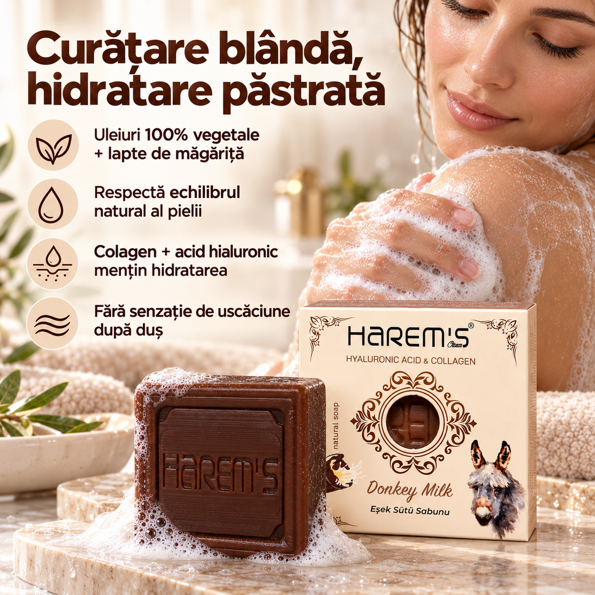 Săpun solid Harems cu lapte de măgăriță, destinat curățării pielii, 120 g