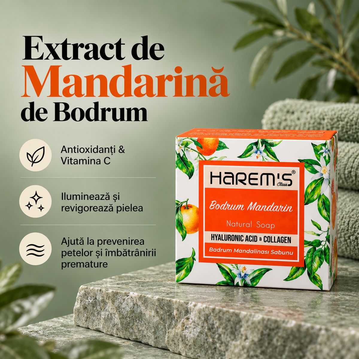 Săpun solid Harems cu mandarină de Bodrum, destinat curățării pielii, 120 g