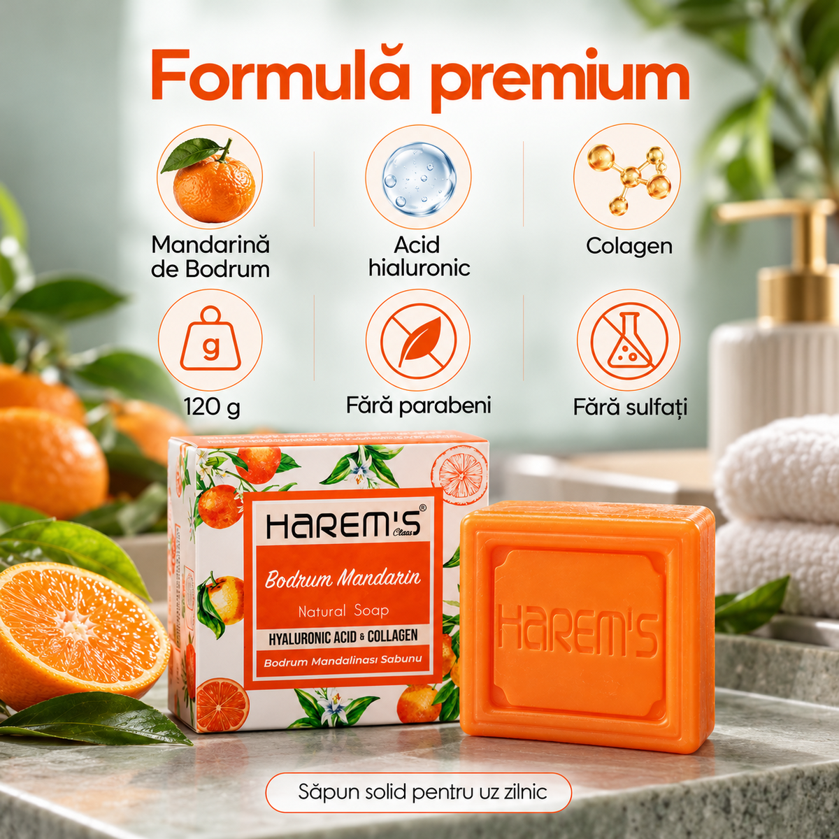 Săpun solid Harems cu mandarină de Bodrum, destinat curățării pielii, 120 g
