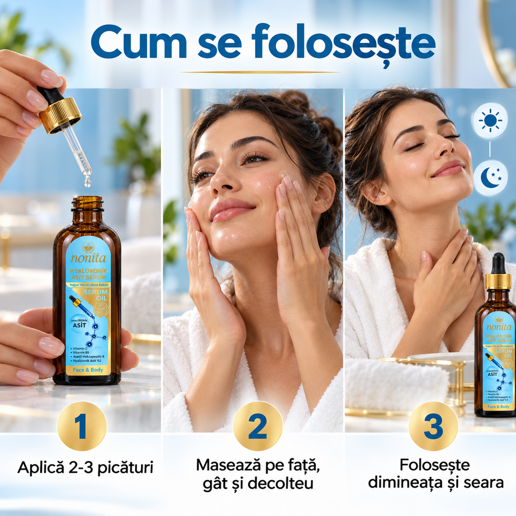 Serum cosmetic Nonita cu acid hialuronic, destinat completării rutinei de îngrijire, 100 ml