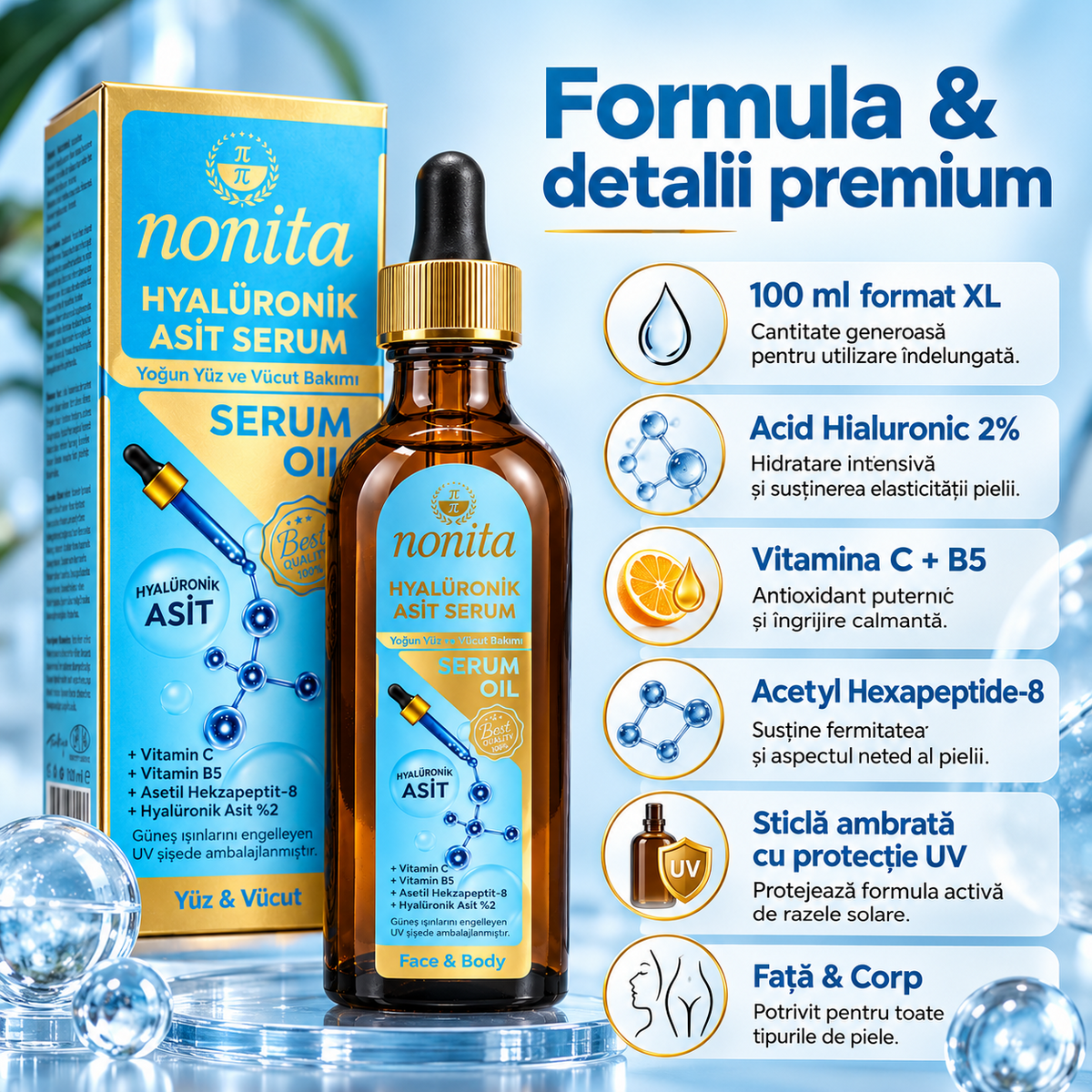 Serum cosmetic Nonita cu acid hialuronic, destinat completării rutinei de îngrijire, 100 ml