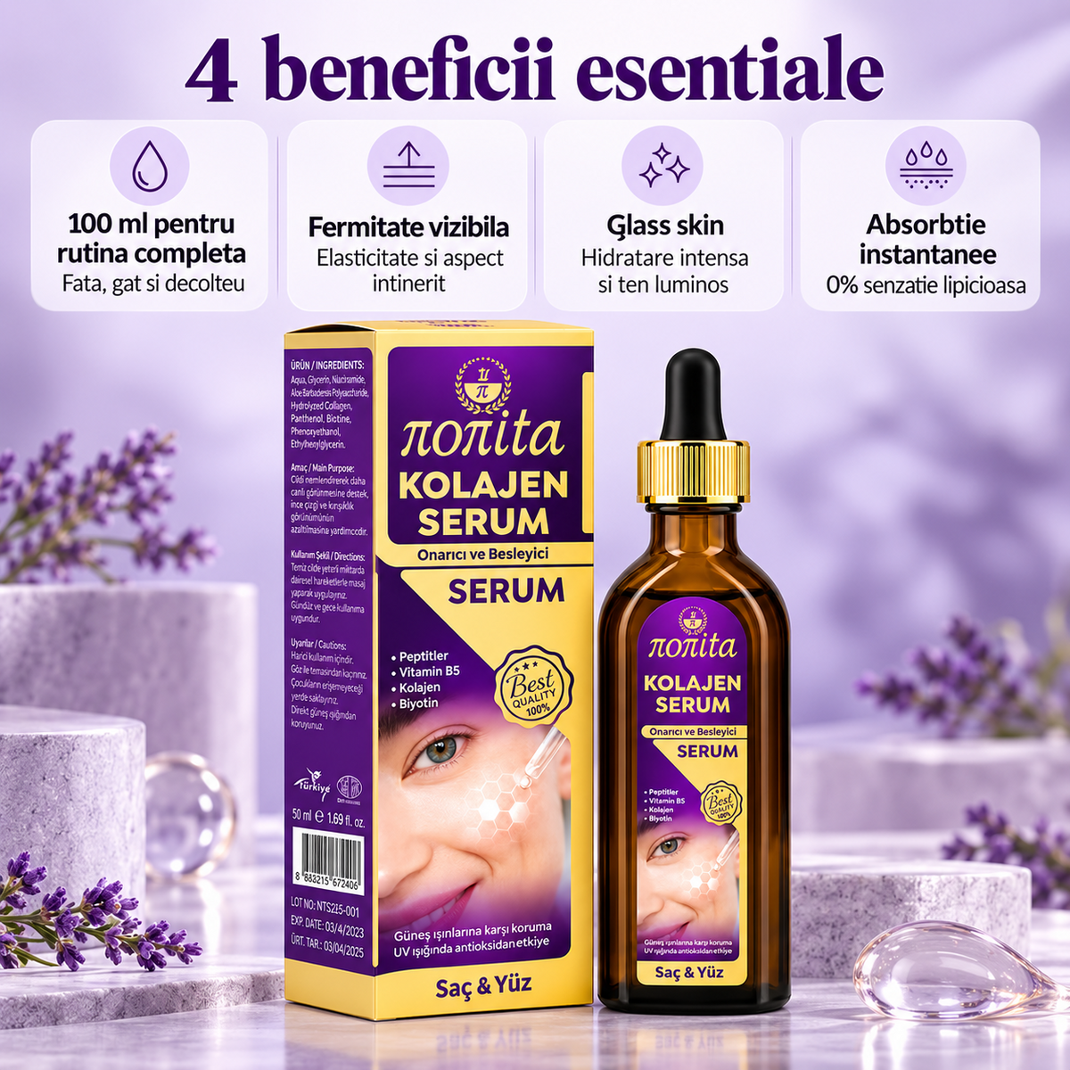 Serum cosmetic Nonita cu colagen, destinat completării rutinei de îngrijire, 100 ml