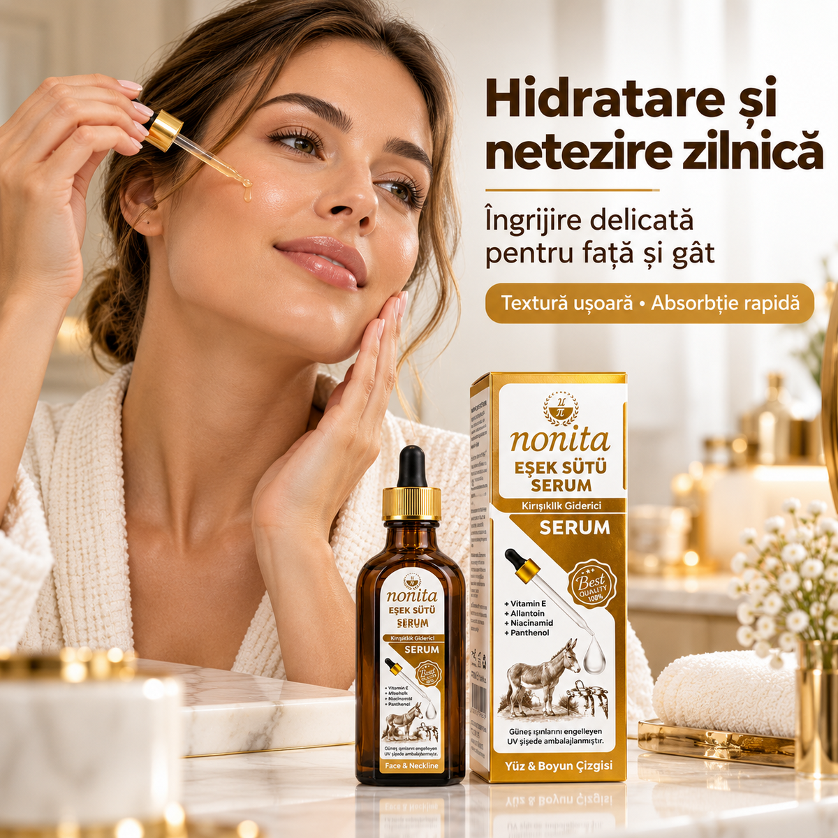 Serum cosmetic Nonita cu lapte de măgăriță, destinat completării rutinei de îngrijire, 100 ml