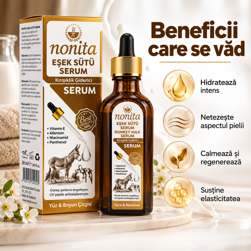 Serum cosmetic Nonita cu lapte de măgăriță, destinat completării rutinei de îngrijire, 100 ml