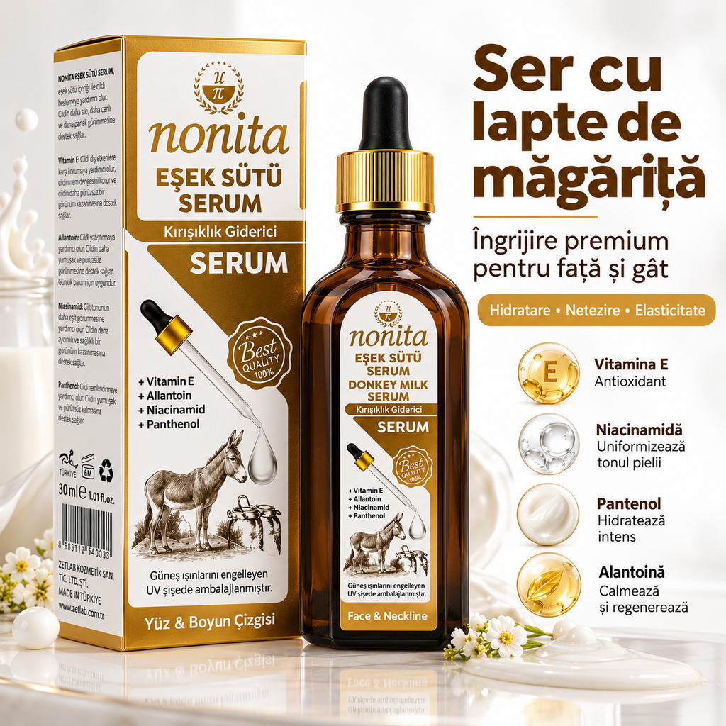 Serum cosmetic Nonita cu lapte de măgăriță, destinat completării rutinei de îngrijire, 100 ml