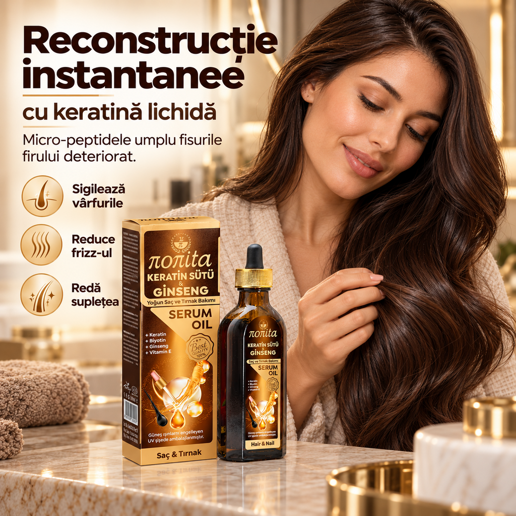 Serum cosmetic Nonita cu keratină și ginseng, destinat completării rutinei de îngrijire, 100 ml