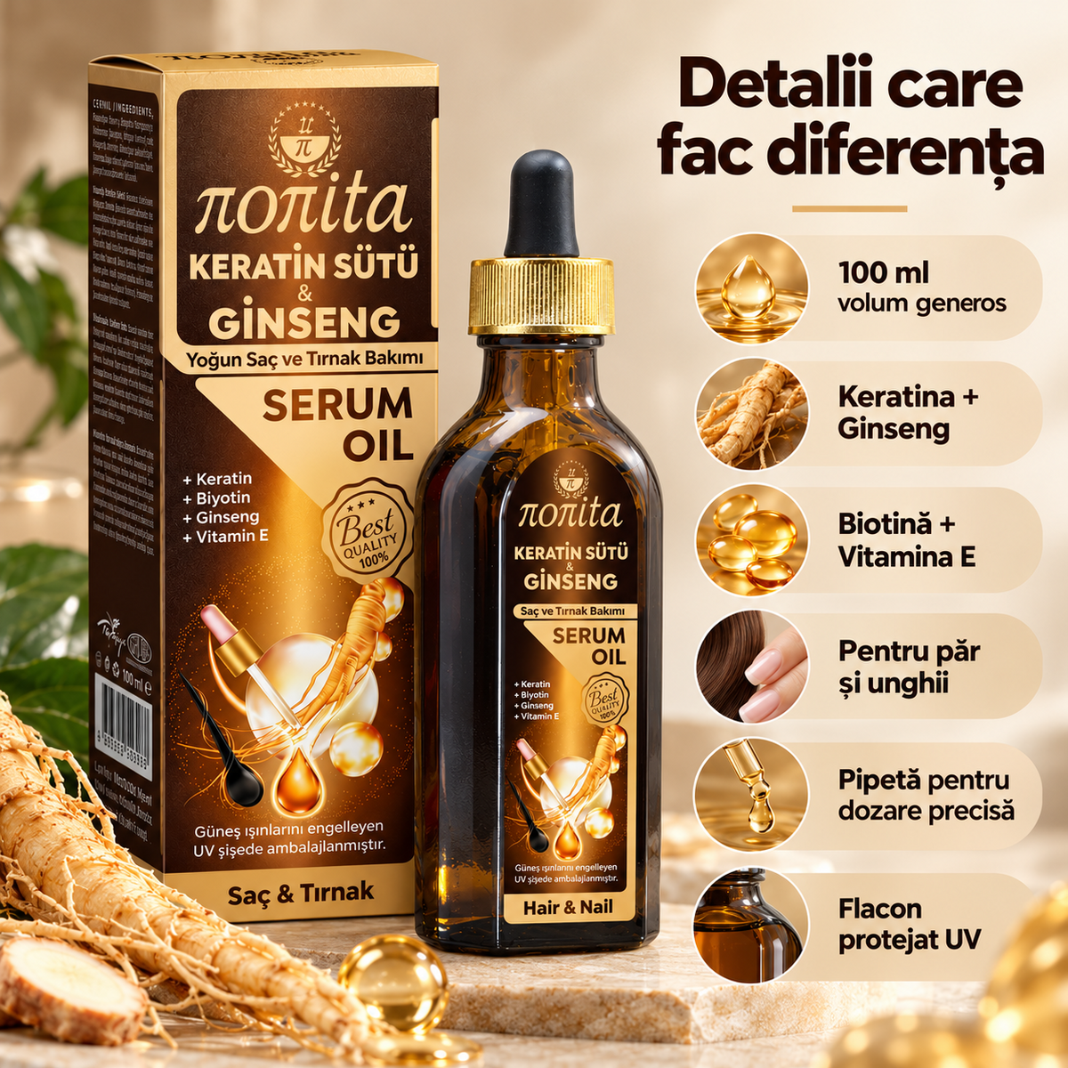 Serum cosmetic Nonita cu keratină și ginseng, destinat completării rutinei de îngrijire, 100 ml