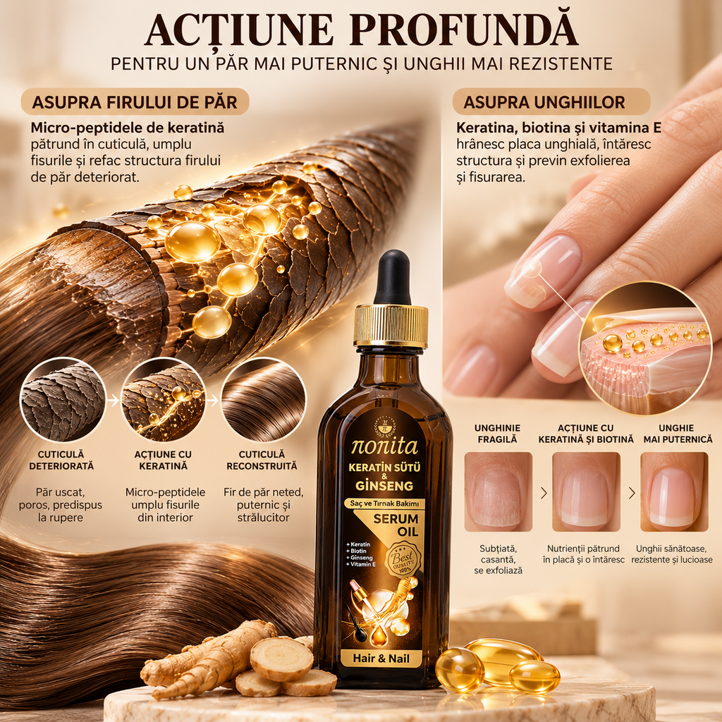 Serum cosmetic Nonita cu keratină și ginseng, destinat completării rutinei de îngrijire, 100 ml