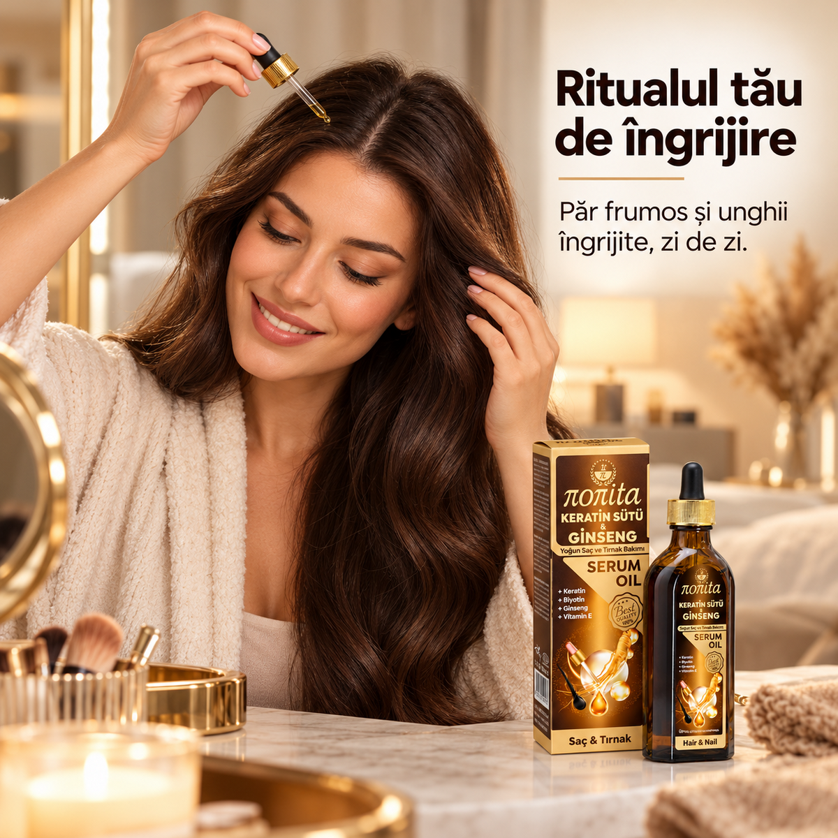 Serum cosmetic Nonita cu keratină și ginseng, destinat completării rutinei de îngrijire, 100 ml