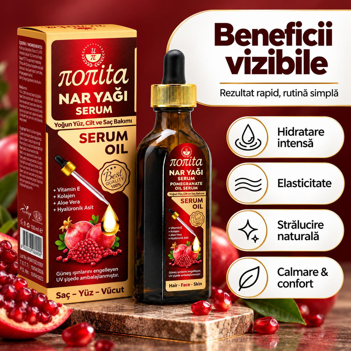 Serum cosmetic Nonita cu rodie, destinat completării rutinei de îngrijire, 100 ml