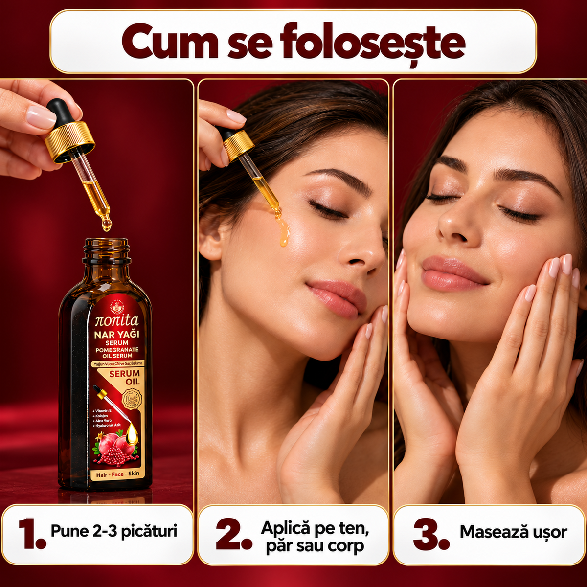 Serum cosmetic Nonita cu rodie, destinat completării rutinei de îngrijire, 100 ml