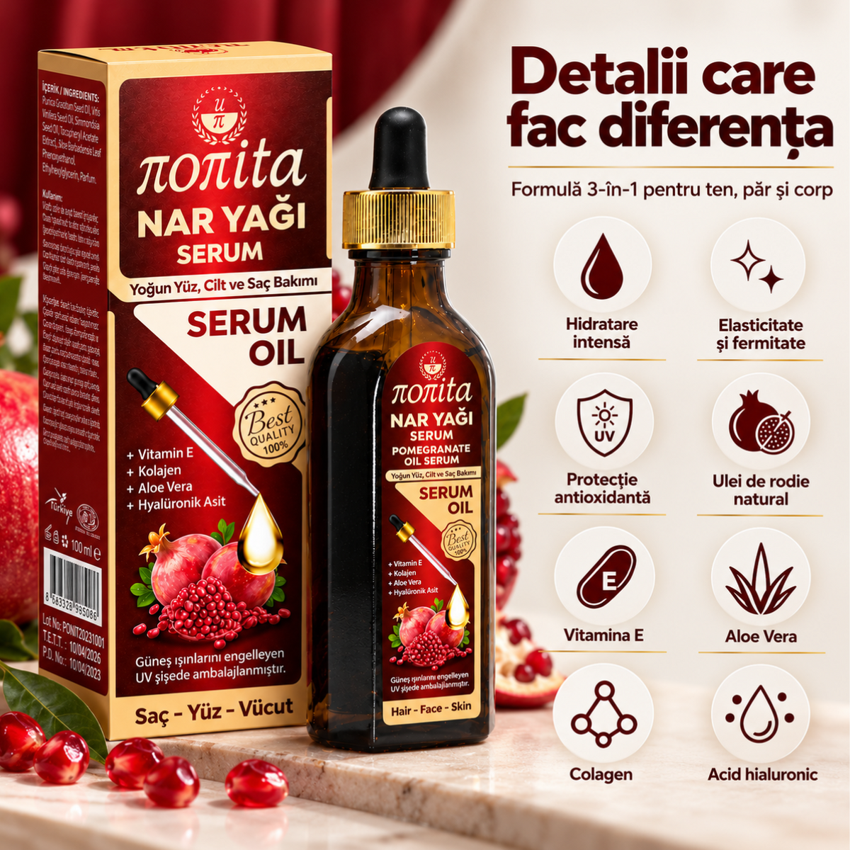 Serum cosmetic Nonita cu rodie, destinat completării rutinei de îngrijire, 100 ml