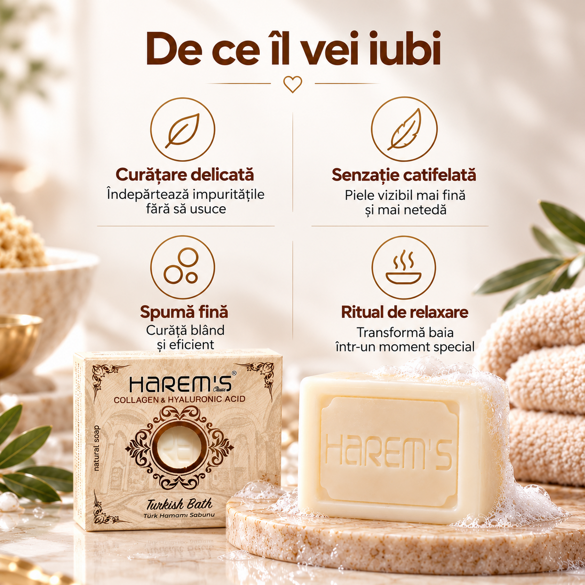 Săpun solid Harems, varianta baie turcească / hamam, destinat curățării pielii, 120 g