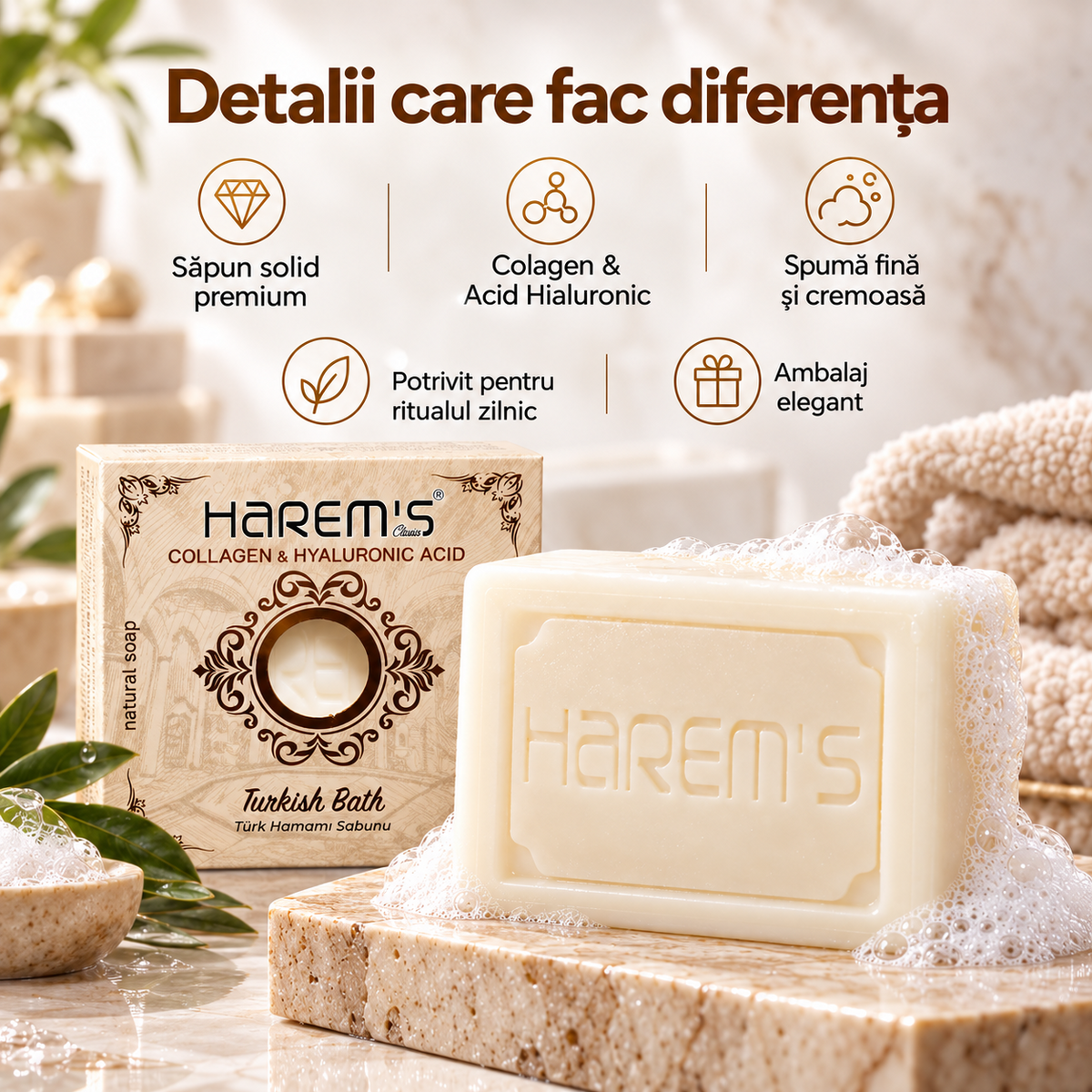 Săpun solid Harems, varianta baie turcească / hamam, destinat curățării pielii, 120 g