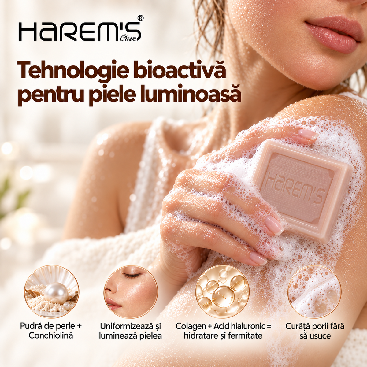 Săpun solid Harems cu pudră de perle, destinat curățării pielii, 120 g