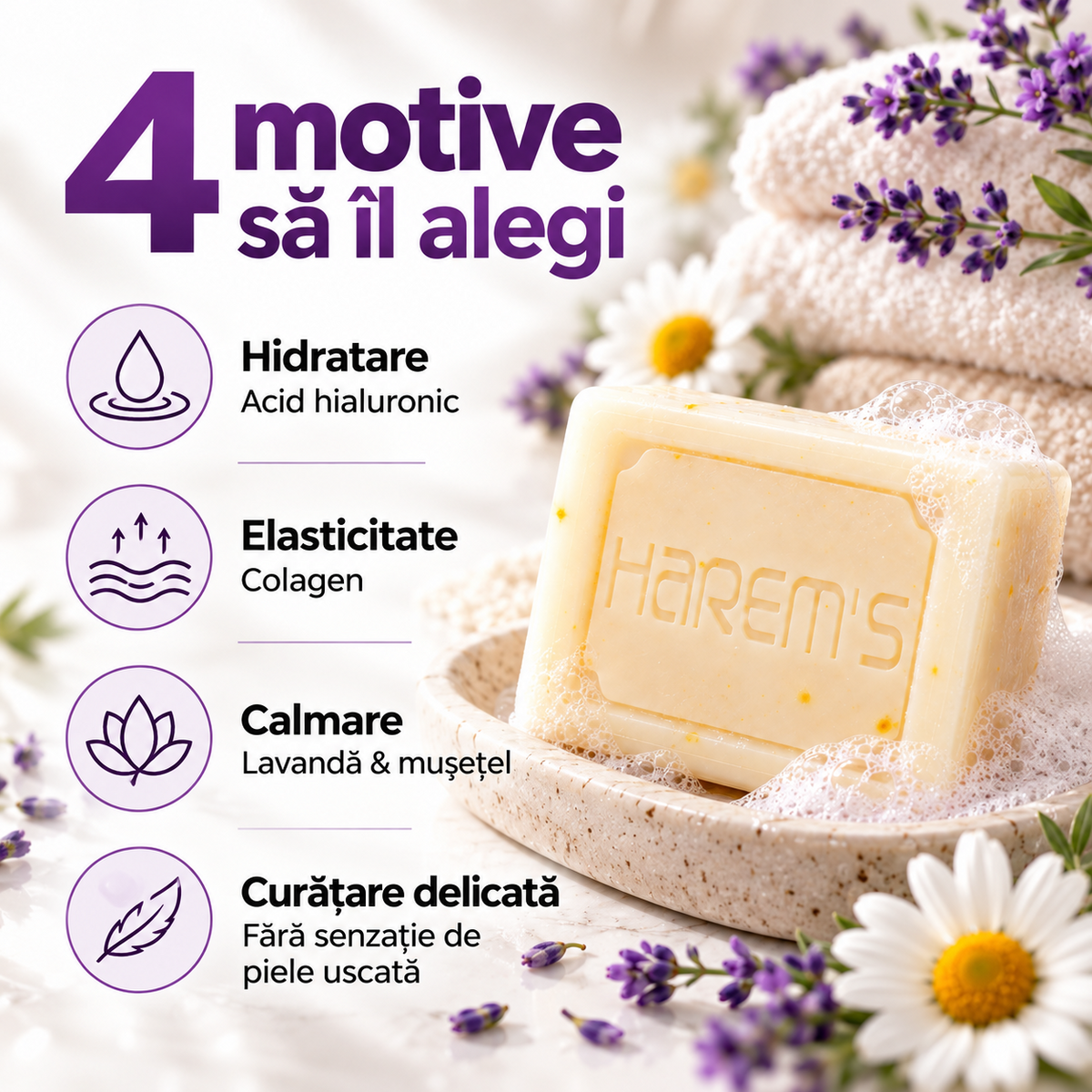 Săpun solid Harems cu lavandă și mușețel, destinat curățării pielii, 120 g