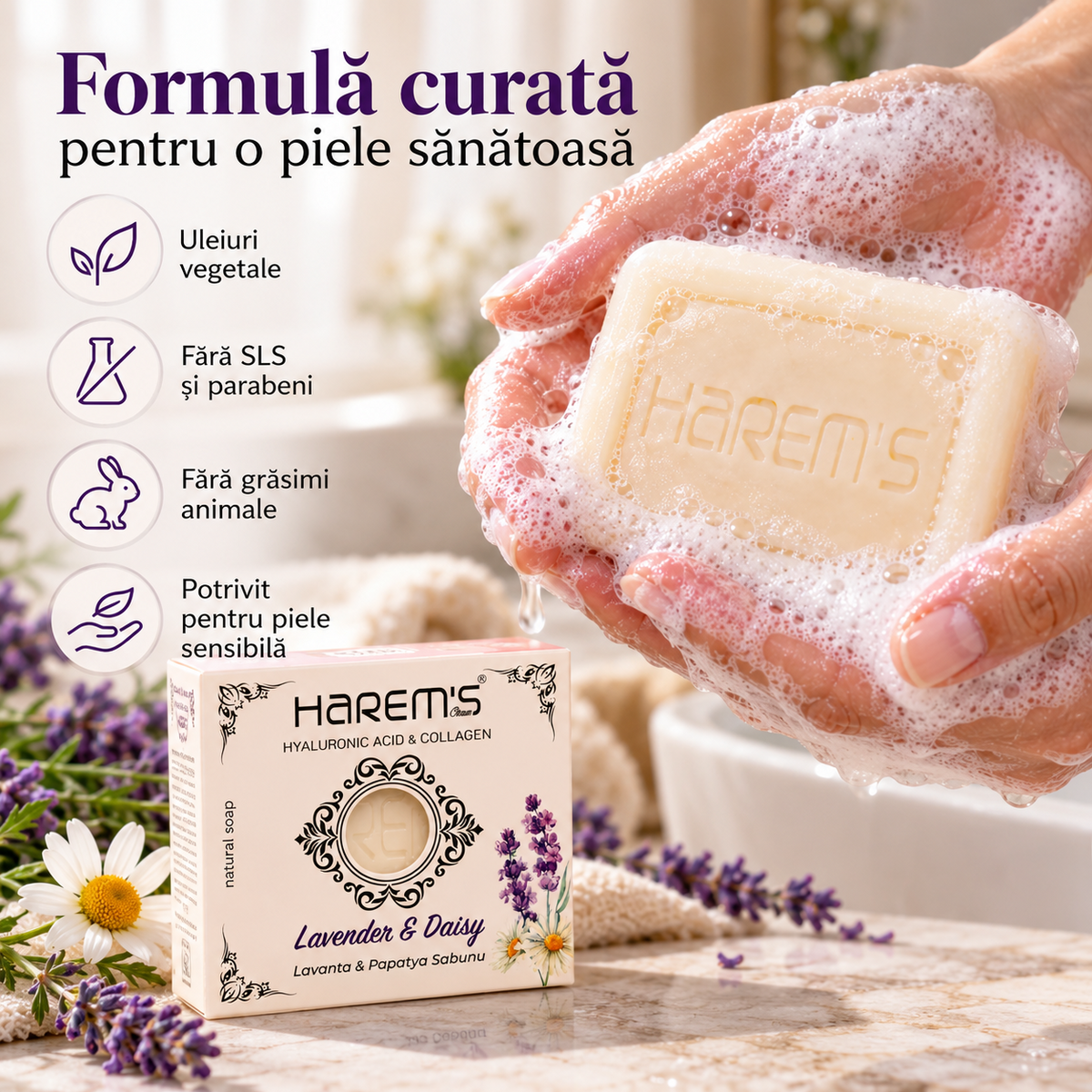 Săpun solid Harems cu lavandă și mușețel, destinat curățării pielii, 120 g