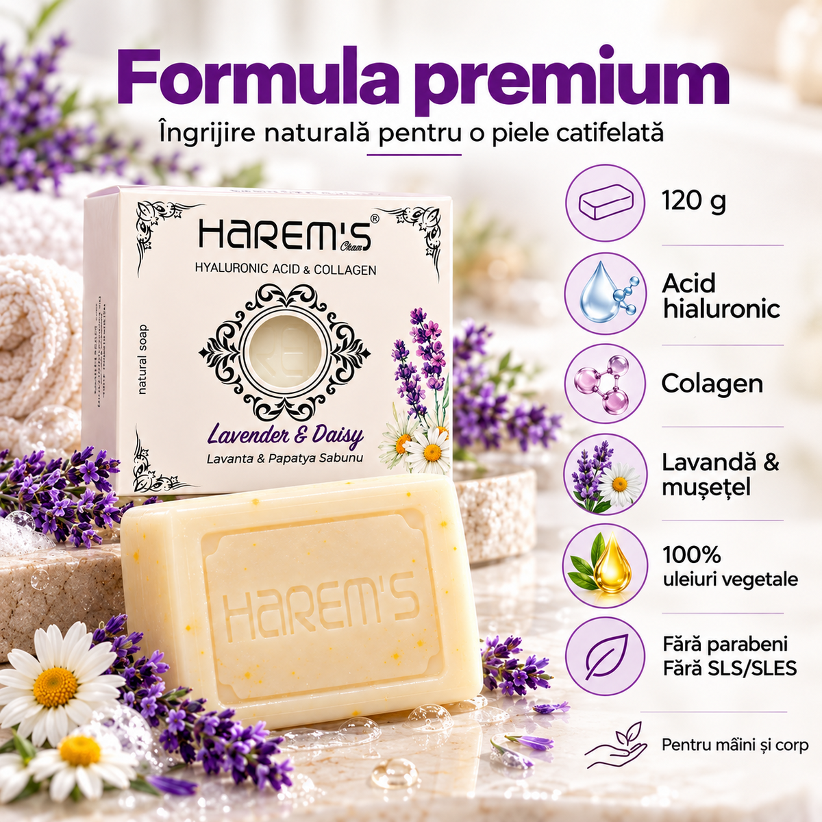 Săpun solid Harems cu lavandă și mușețel, destinat curățării pielii, 120 g