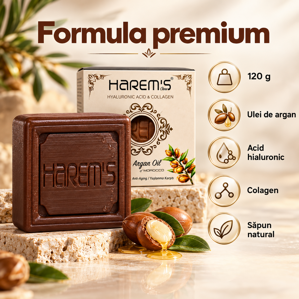Săpun solid Harems cu ulei de argan, destinat curățării pielii, 120 g