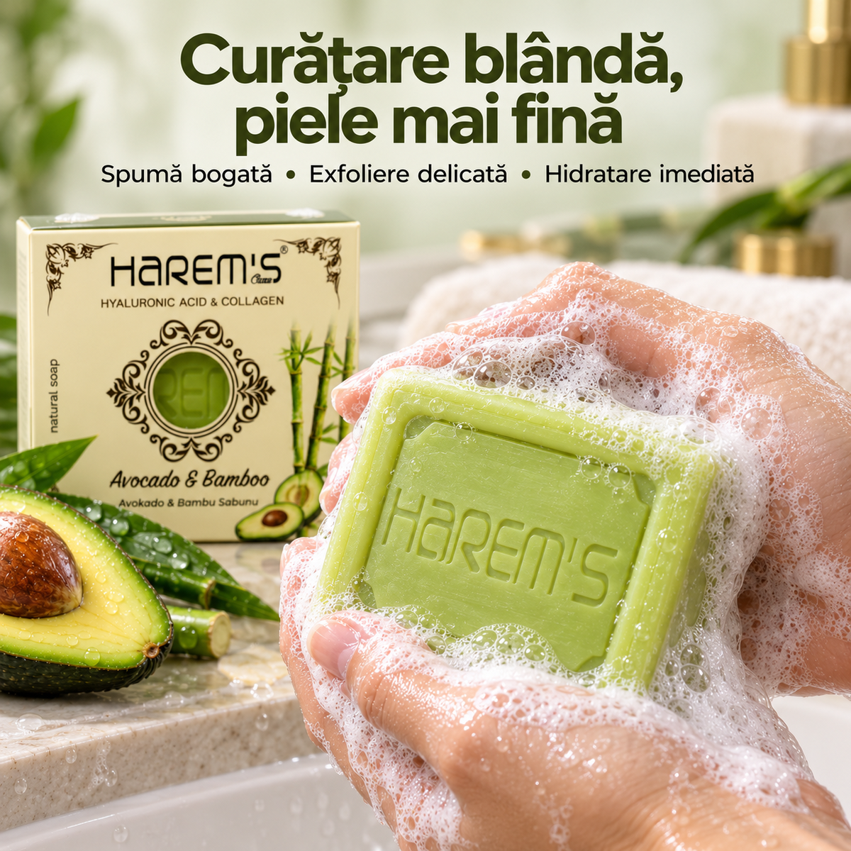 Săpun solid Harems cu avocado și bambus, destinat curățării pielii, 120 g