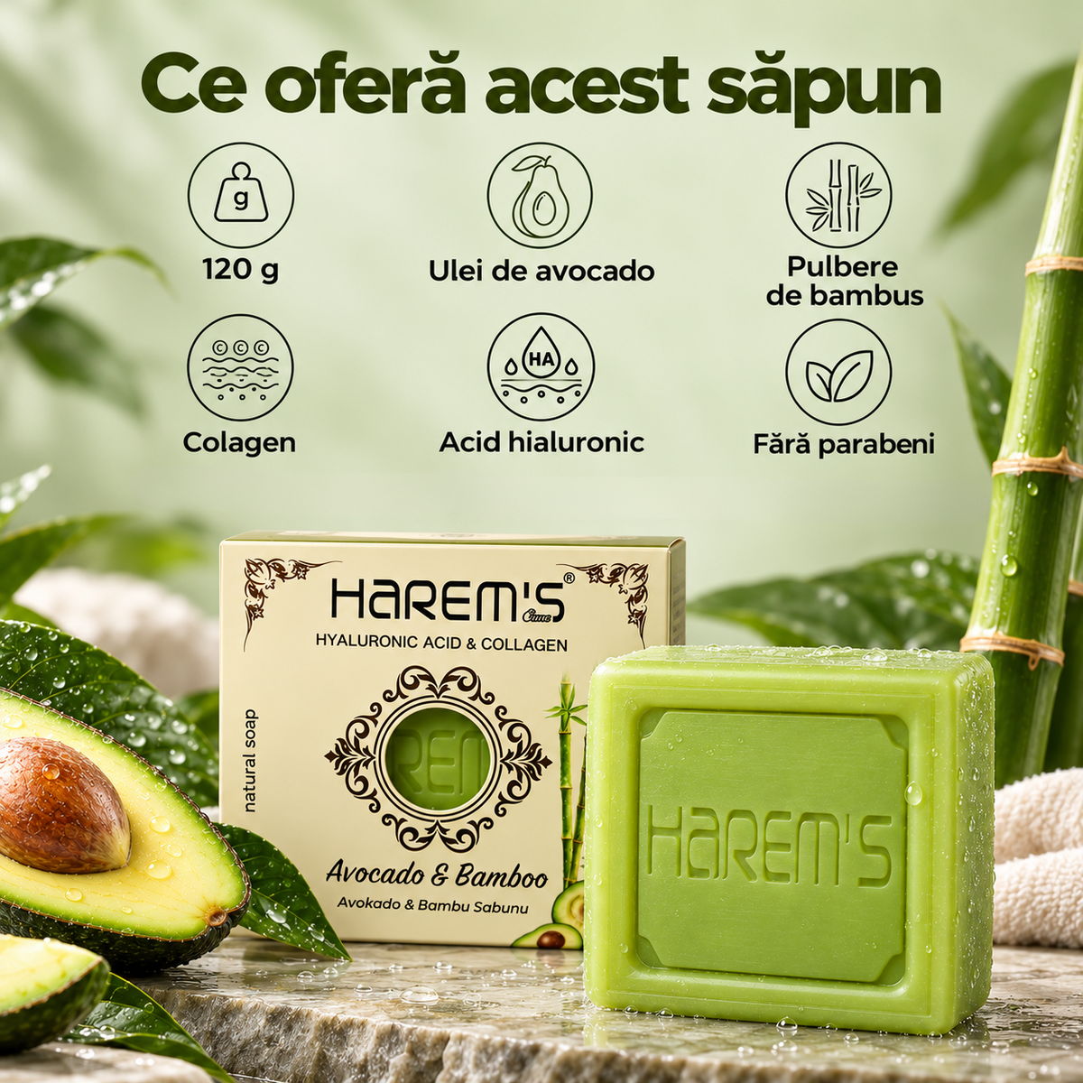 Săpun solid Harems cu avocado și bambus, destinat curățării pielii, 120 g