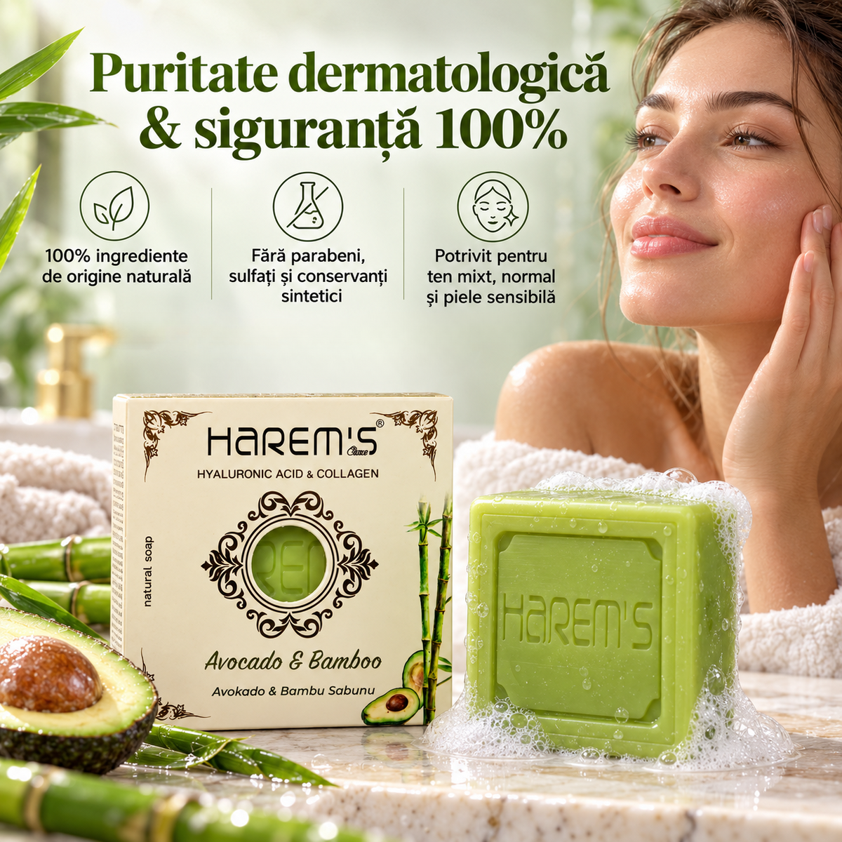 Săpun solid Harems cu avocado și bambus, destinat curățării pielii, 120 g
