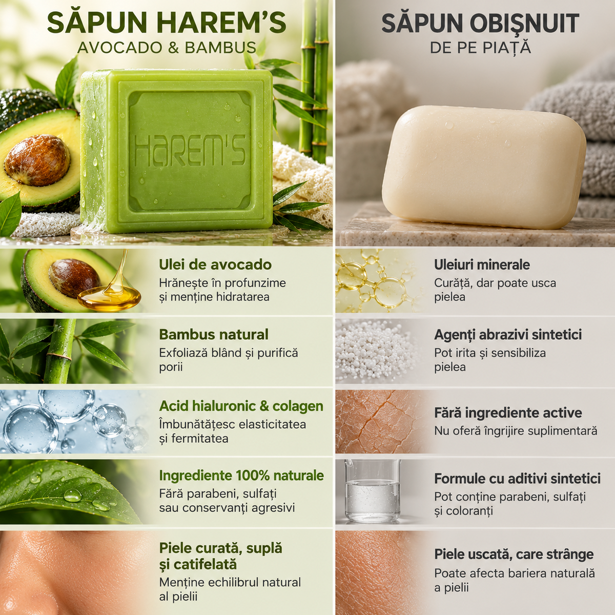 Săpun solid Harems cu avocado și bambus, destinat curățării pielii, 120 g