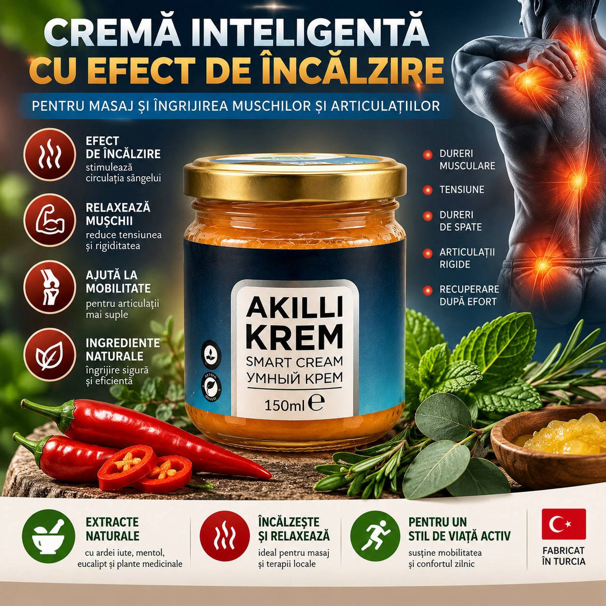 Cremă inteligentă HK Remedy Akıllı Krem 150 ml, cu efect de încălzire, pentru masaj și îngrijirea pielii