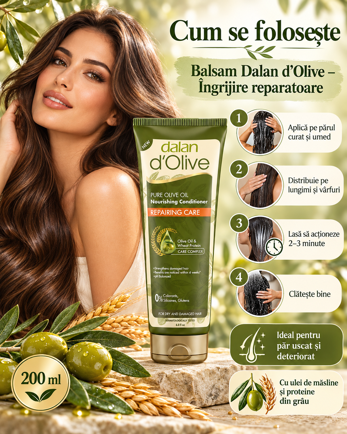 Balsam de Păr Dalan d’Olive cu Ulei de Măsline și Proteine din Grâu 200 ml – Îngrijire Reparatoare