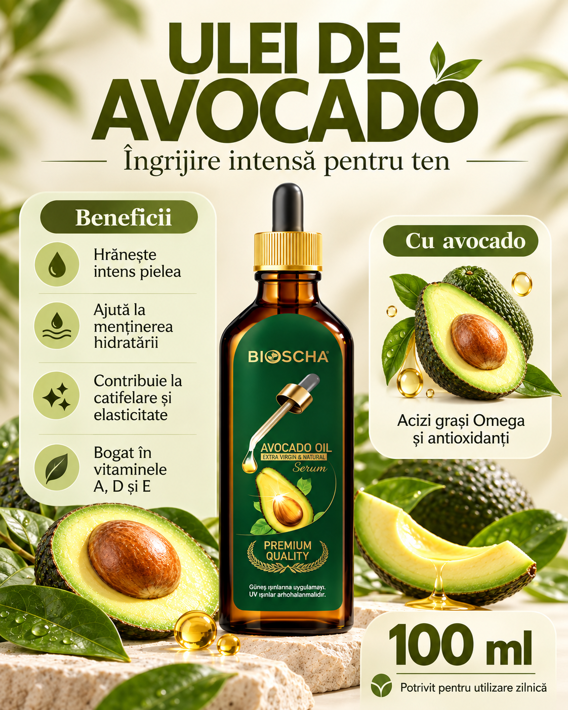 Ulei de Avocado Bioscha 100 ml – Hidratare Intensă și Îngrijire pentru Ten, Păr și Corp