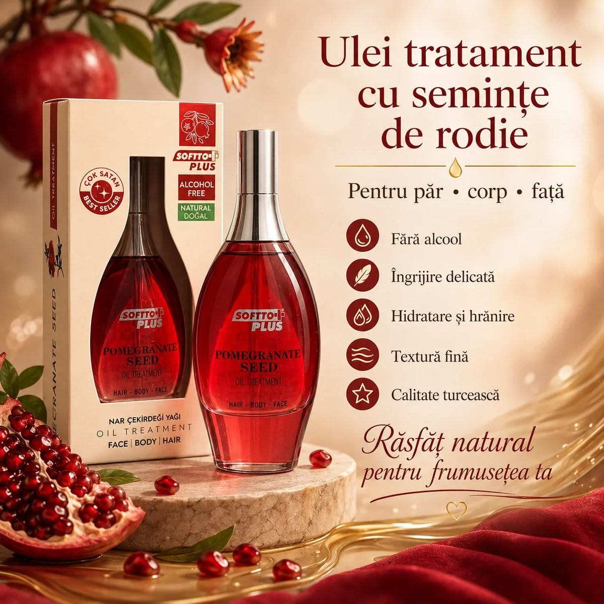 Ulei de îngrijire Softto Plus cu ulei din semințe de rodie, destinat îngrijirii pielii, 120 ml
