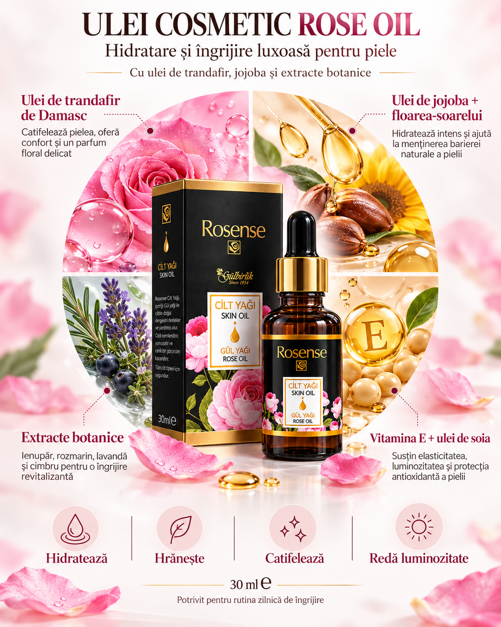 Ulei Rosense 30 ml cu Trandafir și Jojoba pentru Față și Corp