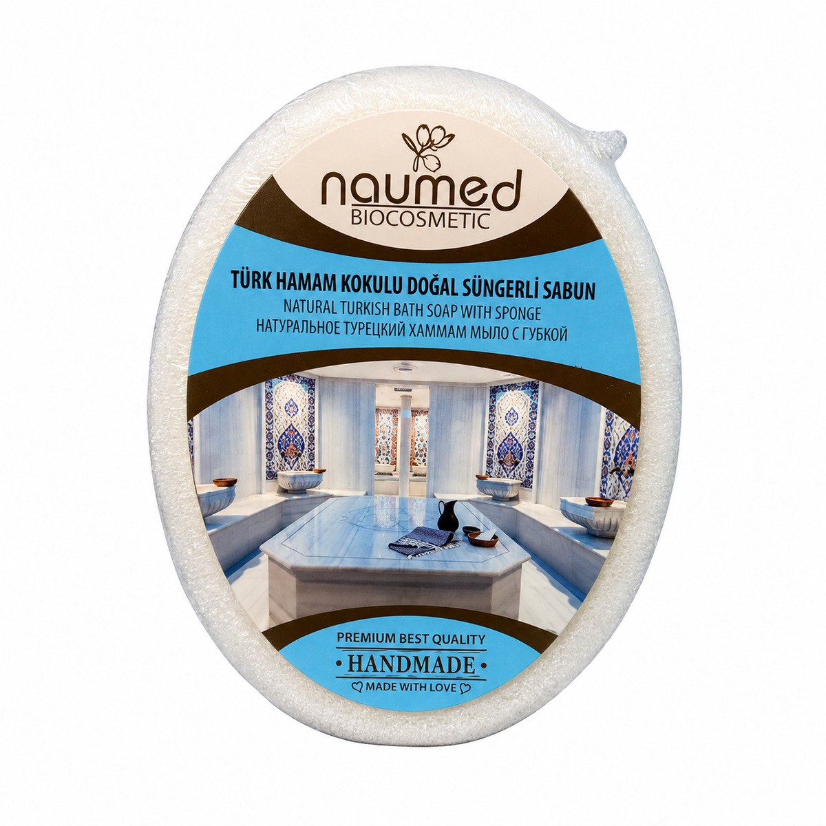 Săpun exfoliant Naumed Biocosmetics cu burete natural, stil hammam turcesc, 140 g
