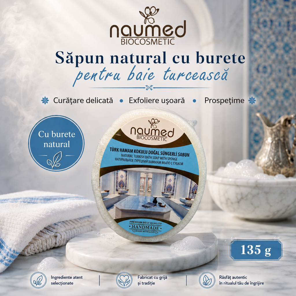 Săpun exfoliant Naumed Biocosmetics cu burete natural, stil hammam turcesc, 140 g